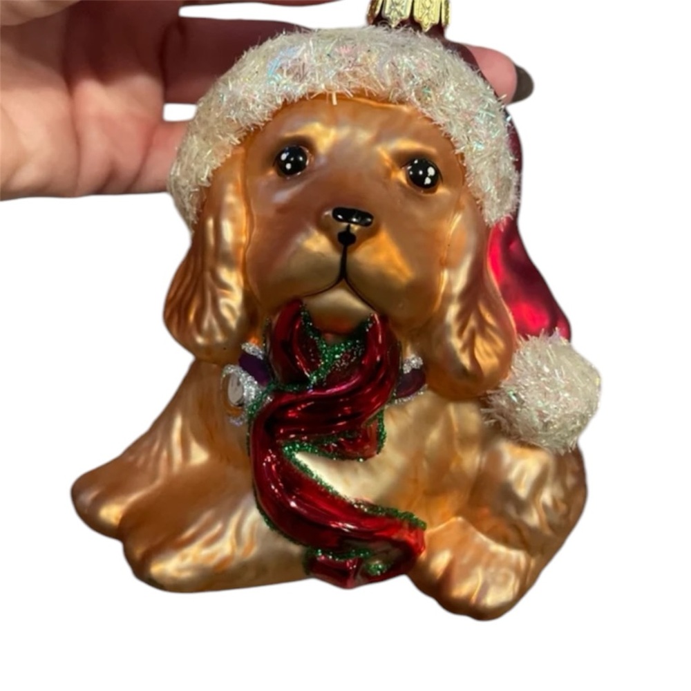 Glass Cocker Spaniel Dog Ornament with Sparkle Santa Hat